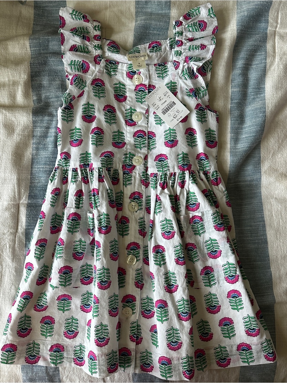Crewcuts White Floral-Print Button Front Dress with Pink & Green Flowers